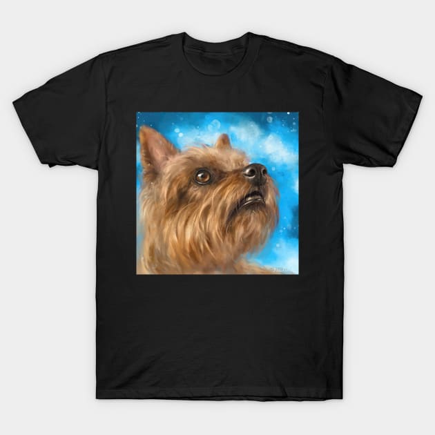Painting of a Brown Yorkshire Terrier Looking Up With a Cute Facial Expression on Blue Background T-Shirt by ibadishi